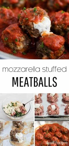 meatballs with mozzarella sauce and sour cream on top are shown in this collage