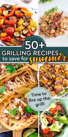 collage image of different grilling recipes, including grilled vegetables, grilled shrimp tacos, grilled chicken kebabs, grilled marinated chicken. Grilled Food Recipes, Summer Grilling Ideas, Grilled Vegetable Salads, Outdoor Cooking Recipes, Easy Grilling Recipes, Summertime Recipes, Grilled Tofu, Classic Recipes