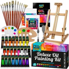 PRICES MAY VARY. OIL PAINTING SUPPLIES : Everything you need to create a masterpiece to hang on your walls. This oil paint set includes 24 oil based paint tubes, stretched canvas in sizes 8x10 and 8.5x11, 12 paint brushes, 1 plastic and 1 wooden palette, 2 palette knives and a wooden tabletop easel. RICH COLOR INTENSITY : This oil painting kit is 100% safe and certified, and it comes with 24 highly pigmented and easy-to-blend oil paints for canvas painting that allows you to create a variety of Oil Painting Supplies, Oil Paint Set, Artists Painting, Art Painting Supplies, Posca Art, Paint Tubes, Professional Paintings, Art Easel, Wooden Easel