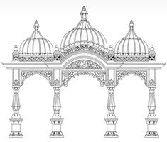 an architectural drawing of a gazebo with pillars and arches, in black and white