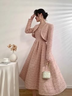 Daiiibabyyy New High Quality Women Autumn Winter Tweed 2 Piece Sets Sh – daiiibabyyy Modest Dresses Casual, 2 Piece Sets, Elegant Dresses Classy, Long Vest, Korean Fashion Dress, Classy Work Outfits, Stylish Dress Book, Modest Fashion Outfits, Glam Dresses