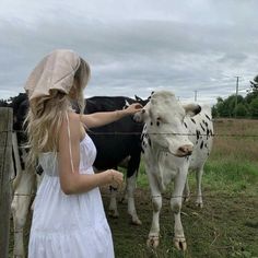 a woman in white dress standing next to two cows