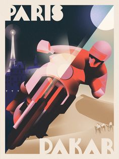 a poster with an image of a person on a motorcycle in paris, france and the eiffel tower in the background