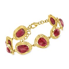 Ross-Simons - 20.00 ct. t. w. Ruby Bracelet in 18kt Gold Over Sterling. 7". Warm up your wardrobe with this well-priced ruby bracelet! 20.00 ct. t. w. oval rubies embrace an artsy look on the wrist from organic-shaped bordering stations. Finely crafted in textured and polished 18kt yellow gold over sterling silver. Includes a 1" extender. Lobster clasp, ruby bracelet. Ruby birthstones are the perfect gift for July birthdays. Ruby And Gold Bracelet, Gold And Red Bracelet, Red Garnet Bracelet, Yellow Gold Ruby Bangle Bracelets, Ruby Bangle Bracelet In Yellow Gold, Formal Ruby Bracelets In Gold, Gold Ruby Bracelets For Formal Occasions, Formal Gold Bracelets With Ruby, Gold Ruby Bracelet Fine Jewelry