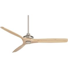 a ceiling fan with wooden blades on the top and light wood blades on the bottom