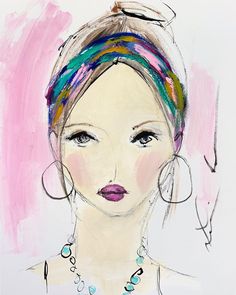 a drawing of a woman with large hoop earrings on her head, wearing a colorful necklace