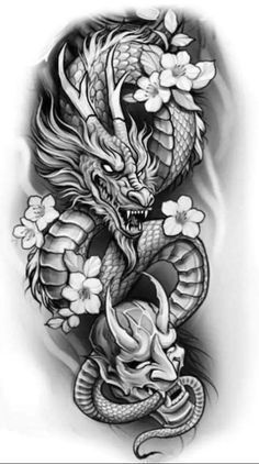 a black and white image of a dragon with flowers on it's back shoulder