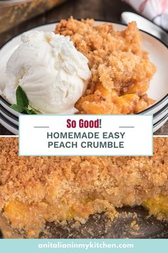 homemade easy peach crumble dessert recipe with text overlay