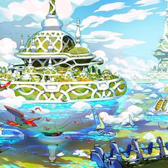 an artistic painting of a futuristic city surrounded by water and clouds with birds flying around