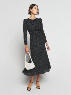 Lysander Dress - Long Sleeve | Reformation Business Casual Outfits Dress, Fitting Skirt, Long Sleeve Cocktail Dress, Autumn Dress, Professional Dresses, Georgette Fabric, Cocktail Party Dress, Sleeve Midi Dress, Long Sleeve Midi