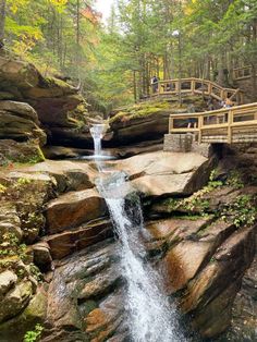 people standing on a bridge over a waterfall