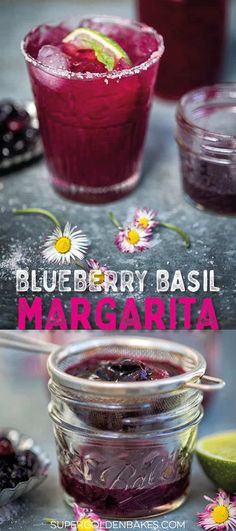 blueberry basil margarita in mason jars with limes on the side