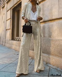 Olivia Mark - Chaqueta blazer con cuello chal y adornos de lentejuelas Moda Disco, Shawl Collar Blazer, Sequin Cardigan, Sequin Pants, Sequin Blazer, Linen Shirt Dress, Trouser Style, Type Of Pants, Fashion Mode