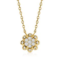 Ross-Simons - .15 ct. t. w. Diamond Flower Necklace in 14kt Yellow Gold. 18". Freshen up your layers with a beautiful bloom! This flower necklace shimmers with .15 ct. t. w. round diamonds in polished 14kt yellow gold on a classic cable chain with a 2" extender. Springring clasp, diamond flower necklace. Diamond birthstones are the perfect gift for April birthdays. Diamond Flower Necklace, Jewelry Presentation, Diamond Birthstone, Diamond Jewelry Necklace, Necklace Diamond, Yellow Gold Jewelry, Diamond Flower, Stone Cuts, Fine Jewellery Necklace