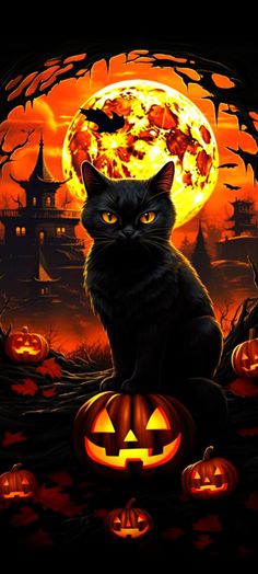 a black cat sitting in front of a full moon with pumpkins on the ground