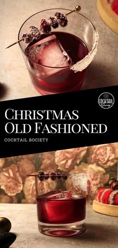 christmas old fashioned cocktail in a glass with ice and cranberry garnish