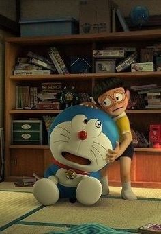 an animated cartoon character is holding a stuffed animal in front of a bookshelf