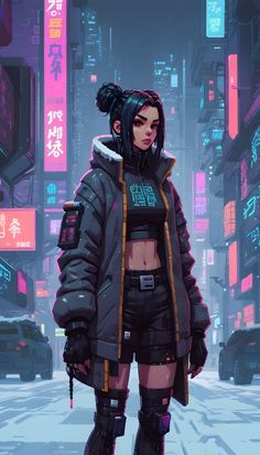 a woman standing in the middle of a city with lots of neon signs on it