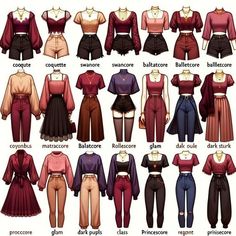 the different types of blouses and pants are shown in this image, with their names on