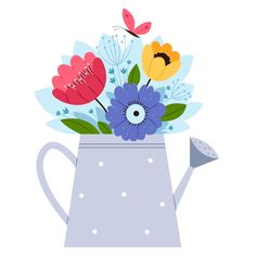 a watering can filled with flowers and butterflies