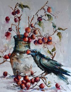 two black birds are standing next to a vase filled with berries and cherries on a white surface