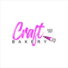 the logo for craft bakery is pink and has a crochet hook on it