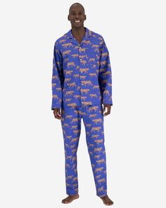 Mens blue pyjamas set with cheetahs Blue Pyjamas, Long Pjs, Long Pyjamas, Saville Row, Mens Pjs, Stylish Loungewear, Pyjama Bottoms, Cheetahs, Savile Row