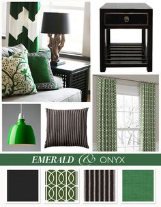 green and black color scheme for living room with pillows, curtains, table lamp, lampshade