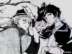 two anime characters are standing next to each other in front of a black and white background