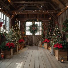 christmas trees are lined up in wooden boxes and decorated with poinsettis, wreaths and lights