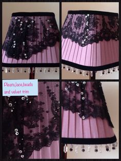 four different views of a pink lamp shade with black lace and beaded trims