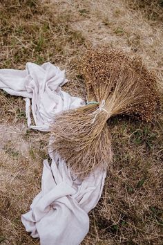 a bunch of dried grass laying on the ground next to some cloths and straw