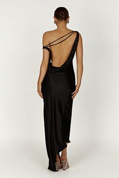 Yvette Slip Maxi Dress With Asymmetrical Hem - Black Chic Cowl Back Maxi Dress For Night Out, Chic Cowl Neck Maxi Dress For Cocktail, Chic Black Maxi Dress With Cowl Back, Chic Cocktail Maxi Dress With Cowl Neck, Chic Maxi Dress With Cowl Neck For Cocktail, Chic Midi Dress With Cowl Back For Night Out, Chic Maxi Dress With Ruched Cowl Back, Chic Evening Maxi Dress With Cowl Back, Black Cowl Back Backless Dress For Night Out