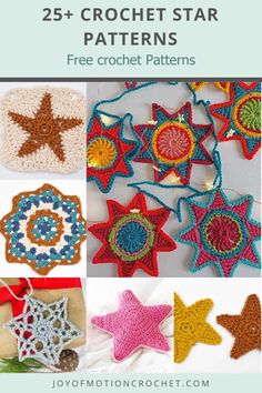 the 25 crochet star patterns are all in different colors and sizes, with text overlay