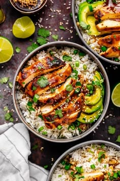 three bowls filled with rice, chicken and avocado on top of a table