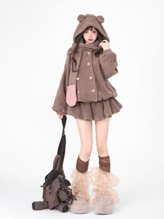 Size: L, Color: Brown Skirt References Poses, Kawaii Outfits, Estilo Harajuku, Short Pollera, Teddy Bear Clothes, Fluffy Skirt, Style Kawaii, Bear Outfits, Pose References