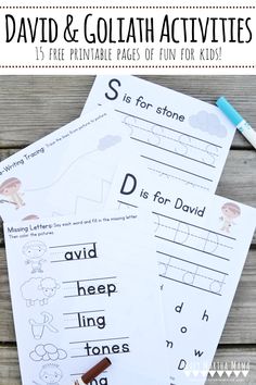 three printable worksheets with the words david and goliah activities on them