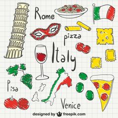 hand drawn italy symbols on lined paper