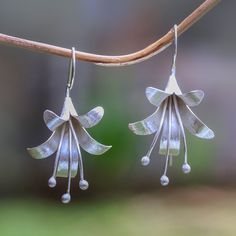 Handcrafted from sterling silver, two flowers bloom beautifully. Desi Antari in Bali creates these earrings, accenting them with a brushed-satin finish that captures the light. Silversmith Jewellery, Two Flowers, Handmade Silver Jewellery, Metalsmithing Jewelry, Silver Flower Earrings, Silver Earrings Handmade, Sterling Silver Drop Earrings, Flowers Bloom, Sterling Silver Dangle Earrings