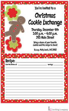 a christmas cookie exchange is shown with red polka dot border and green dots around the edges