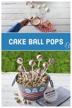 cake ball pops are in a bucket with baseballs on top and an american flag napkin