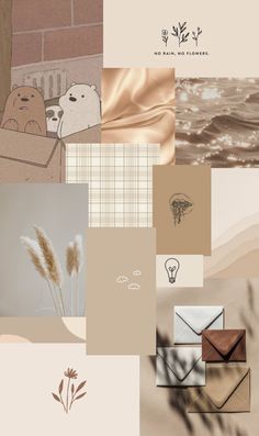 a collage of images with different things in them including flowers, plants and an envelope