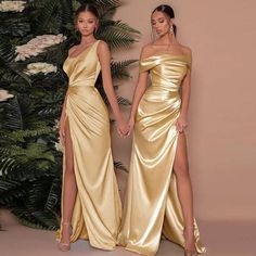 Party Rock, Elegant Party Dresses, Maxi Dress Prom, Split Maxi Dress, Satin Bridesmaid Dresses, Boho Floral Dress, Mermaid Gown, Gold Fabric, Luxury Dress