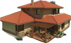 a 3d image of a house with an orange roof and red tile on the top