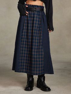 Casual Retro Plaid Patchwork Belted High Waisted Midi Skirt For Women Blue Casual   Woven Fabric Plaid Flared Non-Stretch  Women Clothing, size features are:Bust: ,Length: ,Sleeve Length: Welsh Lady, Gonna Midi, Striped Gloves, High Waisted Midi Skirt, Long Skirt Casual, Checked Skirt, Accessories Outfit, Tartan Skirt, Skirts Midi High Waisted