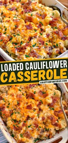 loaded cauliflower casserole with bacon and parsley in a baking dish