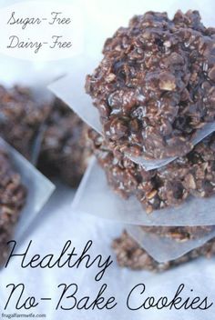 healthy no - bake cookies stacked on top of each other with text overlay