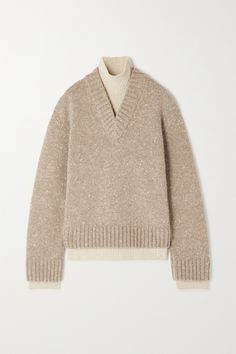 Bottega Veneta's sweater is layered to resemble a chunky V-neck worn over a lighter knit. Made from wool-blend in elegant neutrals called 'Light Biscuit' and 'Putty', it has dropped shoulders and ribbed trims. Half-tuck yours into blue jeans. Luxury Cream Sweatshirt With Ribbed Cuffs, Beige Ribbed Sweater, Beige Fur Sweater, Affordable Zara Cotton Sweater, Affordable Cotton Zara Sweater, Classic Gucci Cream Outerwear, Classic Cream Gucci Outerwear, Turtleneck Fashion, October Fashion