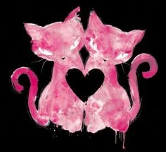 two pink cats sitting next to each other with a heart painted on it's back