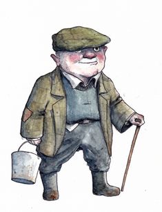 a watercolor drawing of a man with a bucket and hat, holding a cane